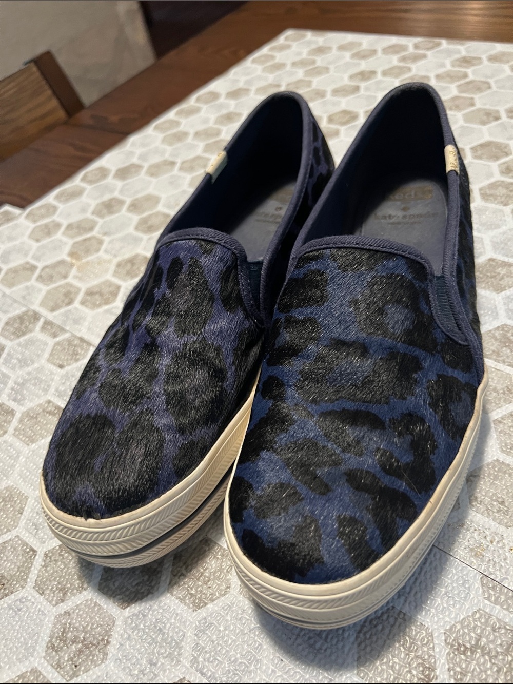 Kate Spade x Keds triple stack, Navy / Black Leopard Print Slip-On Sneakers, 8.5
